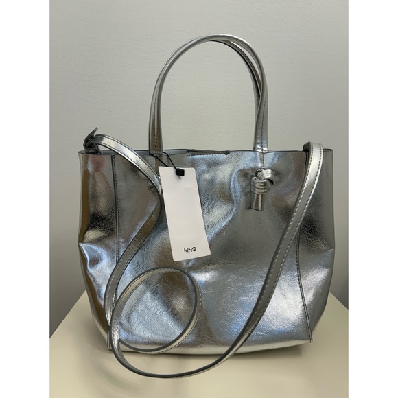 NWT Mango Silver Metallic Tote Bag - Picture 2 of 4